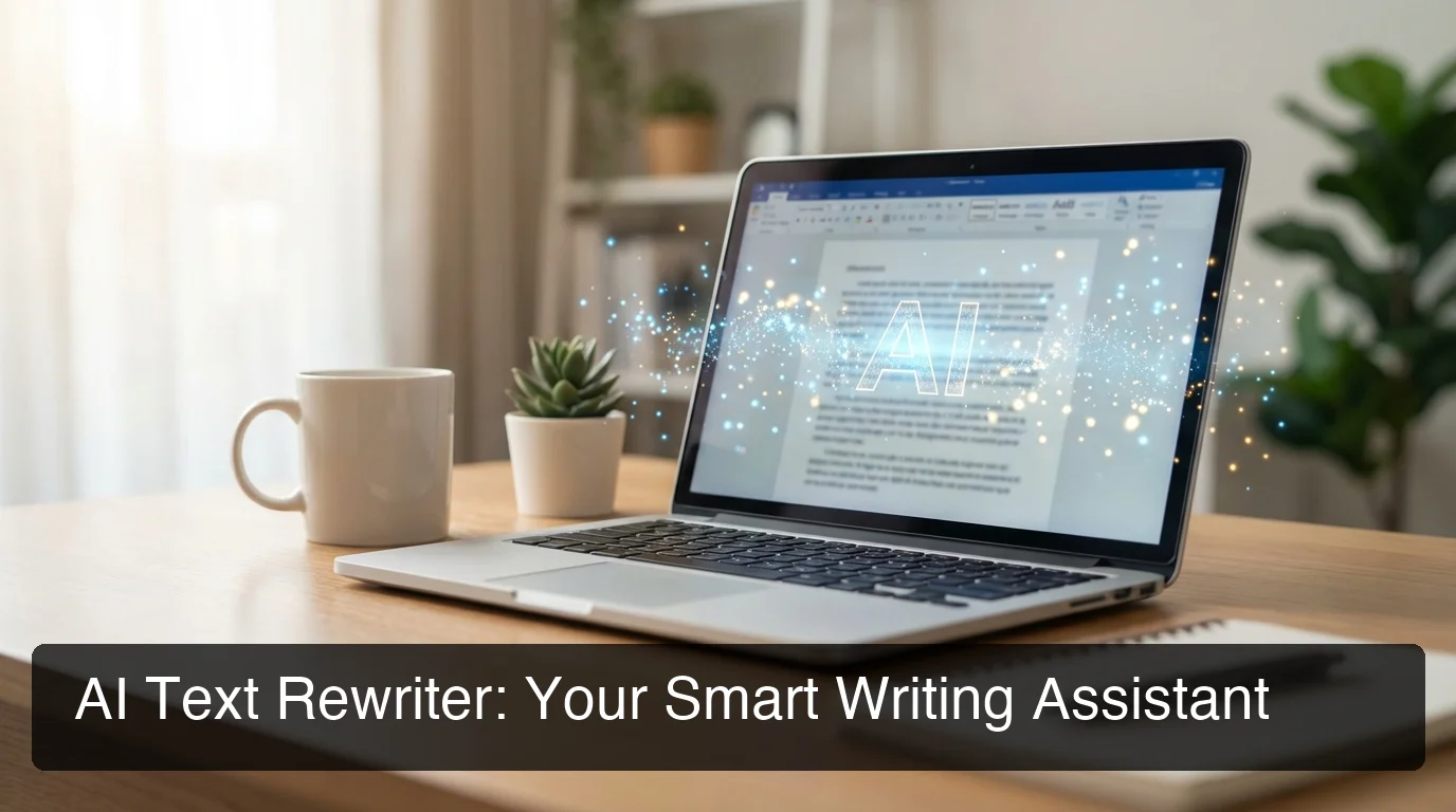 AI text rewriter workspace with glowing document and AI sparkle effects on a minimalist desk