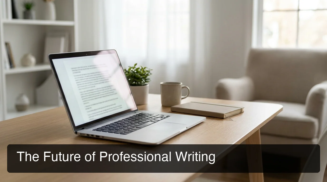 AI writing assistant showing a professional workspace setup with laptop and clean desk