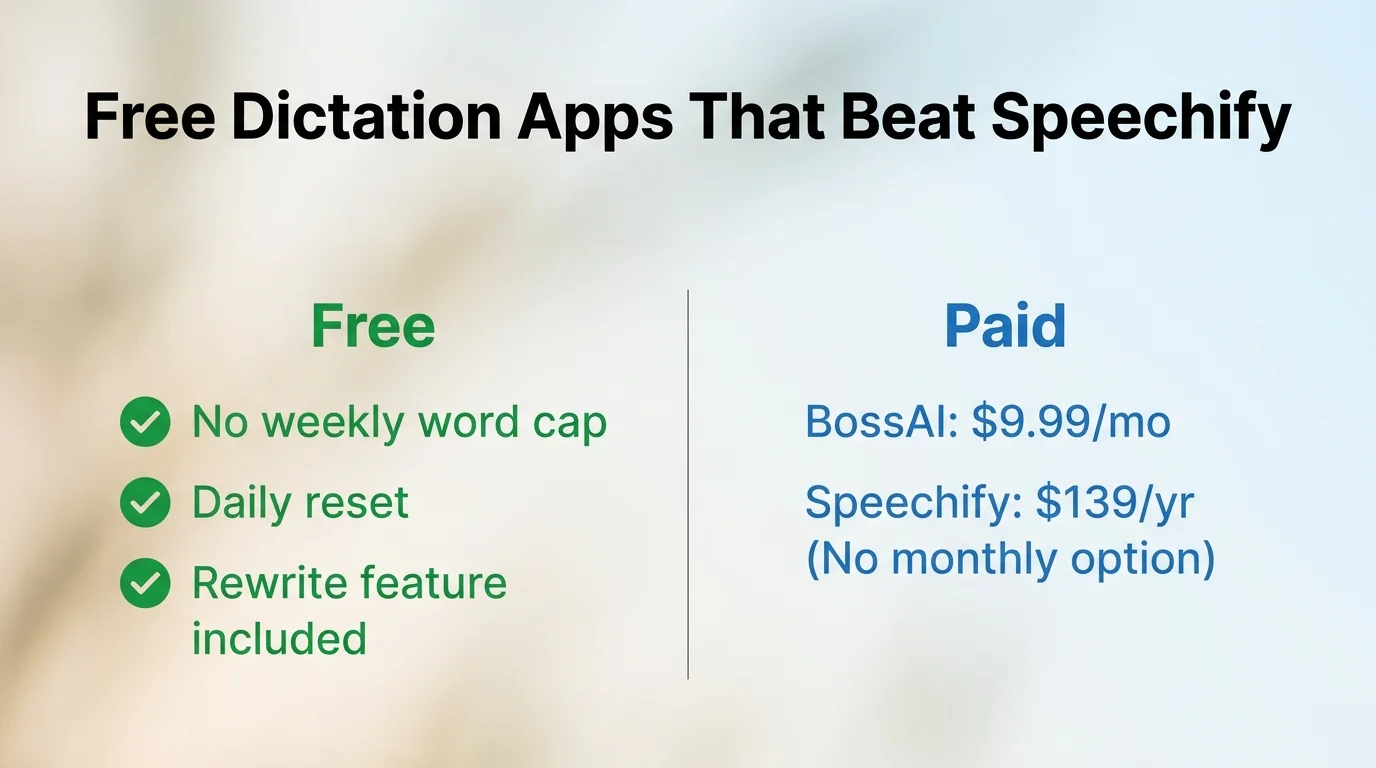 BossAI app like Speechify but free comparison showing free tier checkmarks versus paid pricing