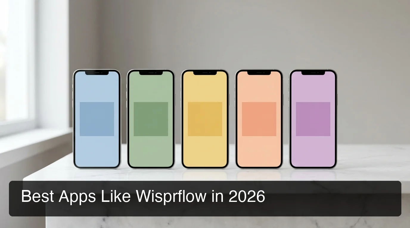 Best apps like Wisprflow displayed across multiple smartphone screens with modern app UI design, clean light aesthetic, subtle tech elements