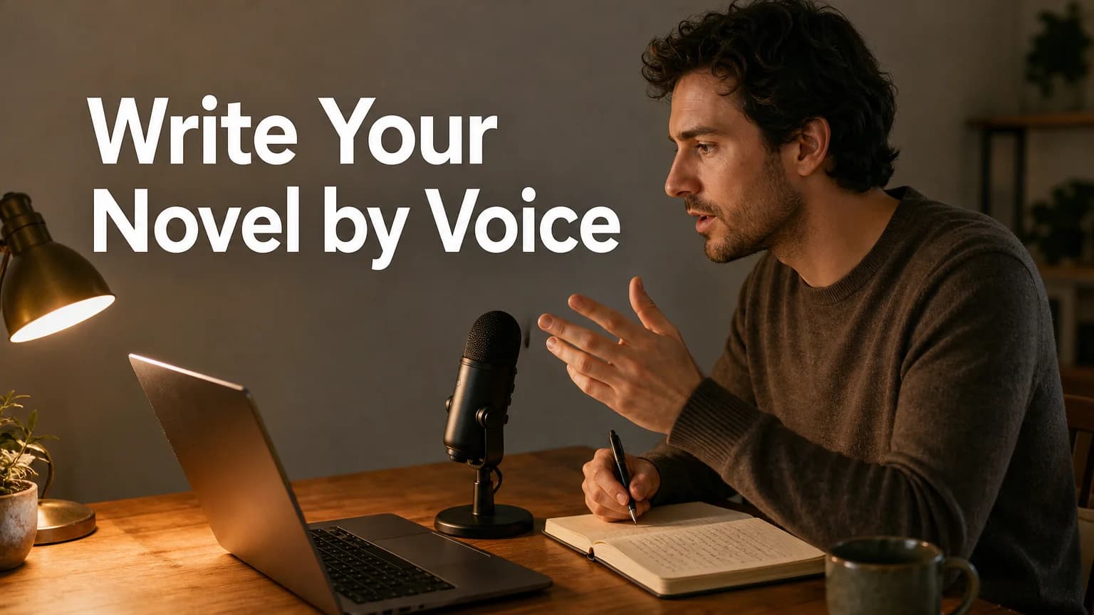 BossAI best dictation app for writing a book: author dictating a novel into a microphone beside a laptop and notebook
