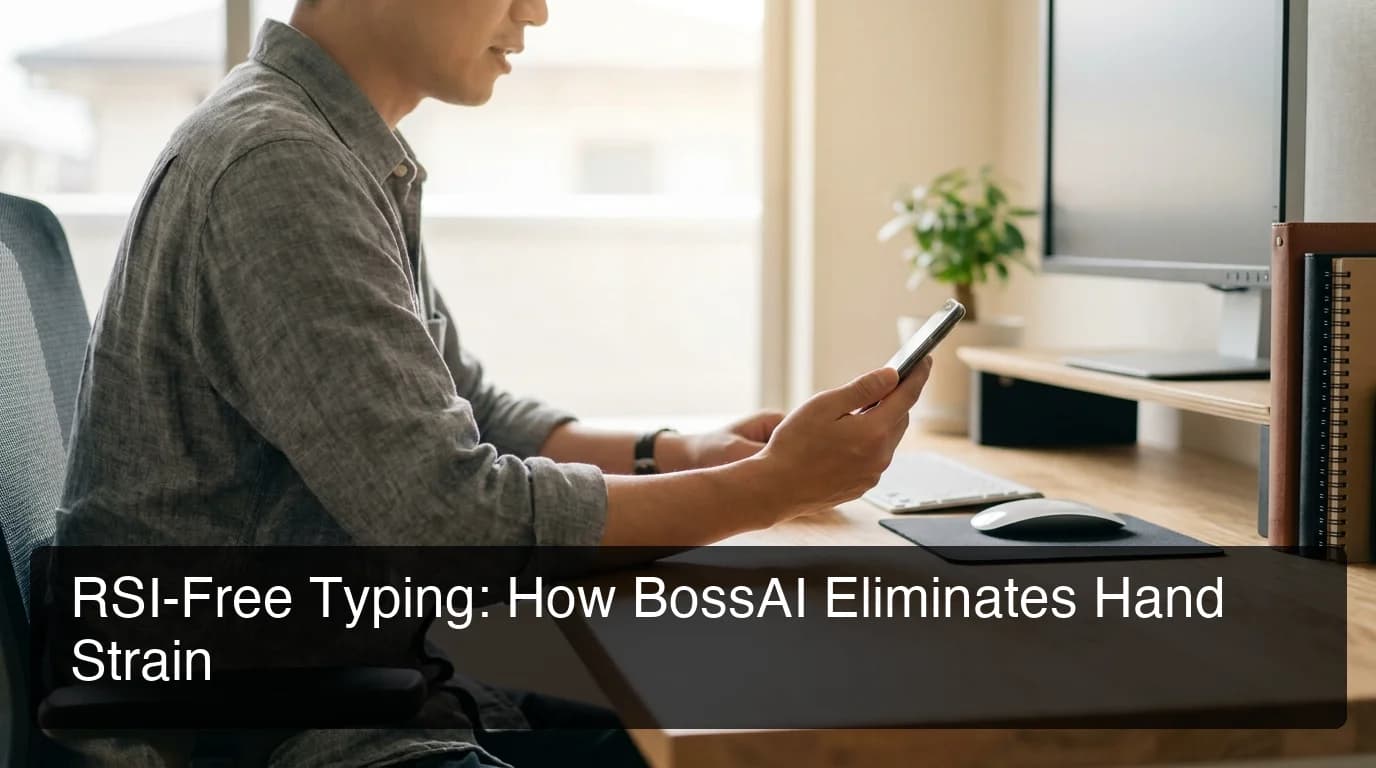 BossAI for RSI hero showing ergonomic voice dictation setup replacing keyboard typing