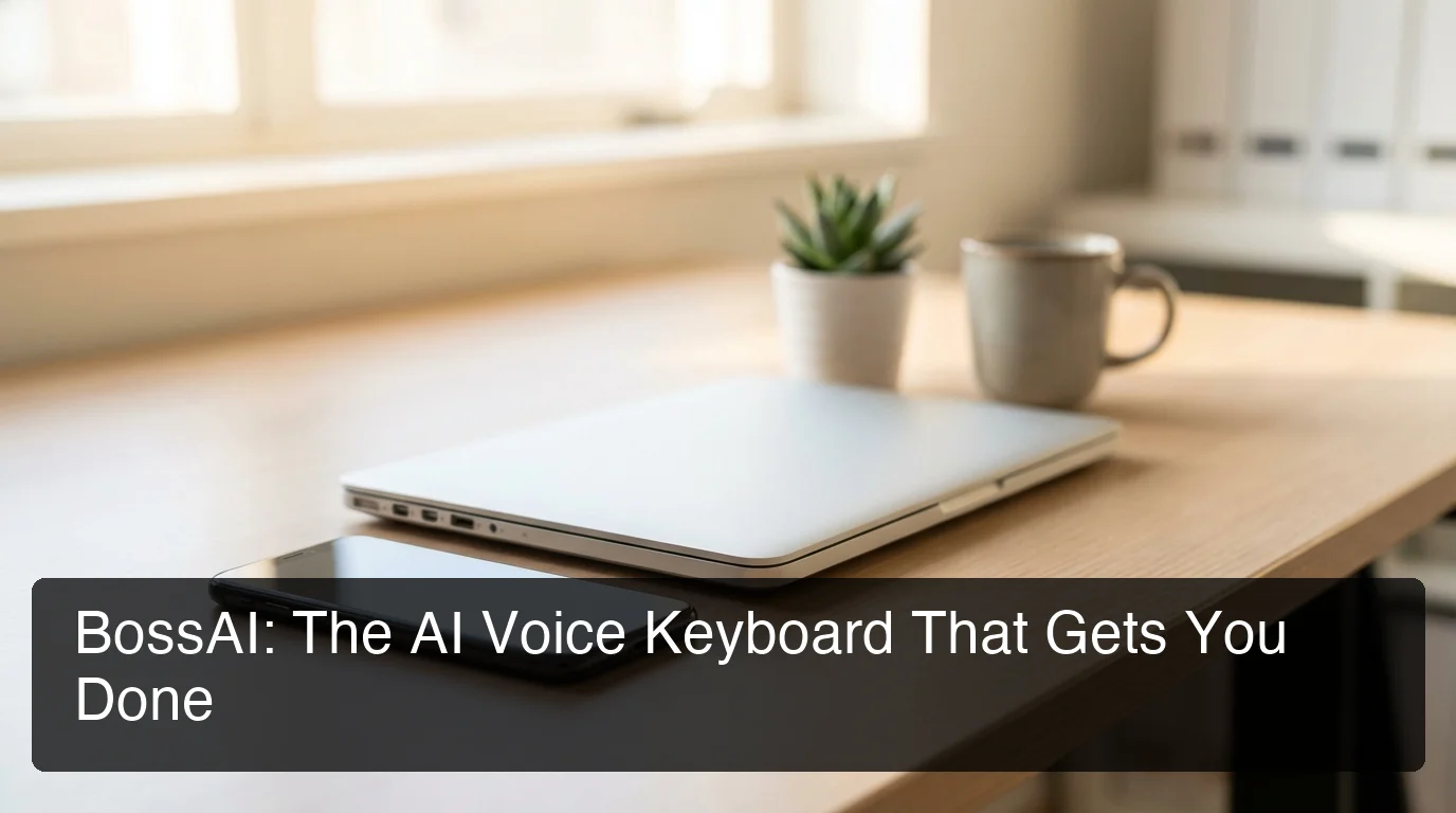 BossAI bossai review showing AI voice keyboard on laptop and mobile phone side by side