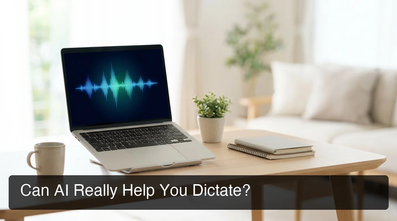 Can I use AI for dictation — modern workspace with voice input interface on laptop