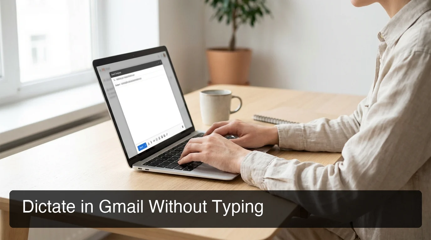 BossAI dictate in gmail — minimal desk setup with Gmail compose window open, natural daylight lighting, person speaking into keyboard mic