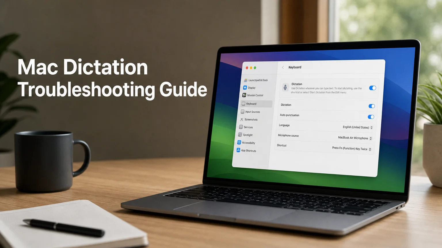 BossAI dictation not working mac troubleshooting guide with Keyboard settings open on a MacBook