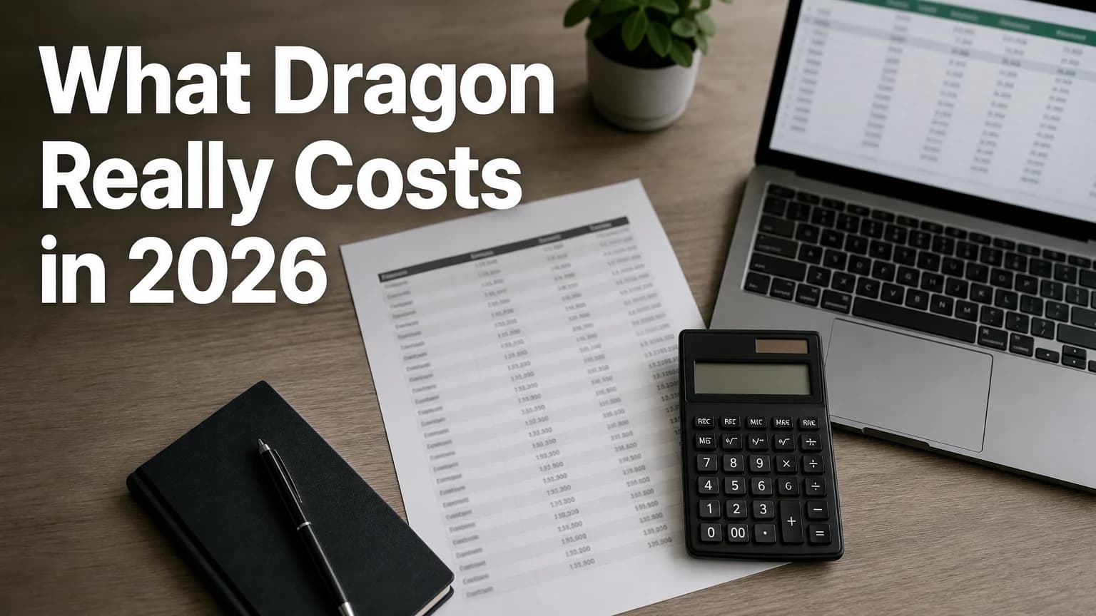 BossAI dragon naturally speaking price comparison on a desk with a price list, calculator and laptop