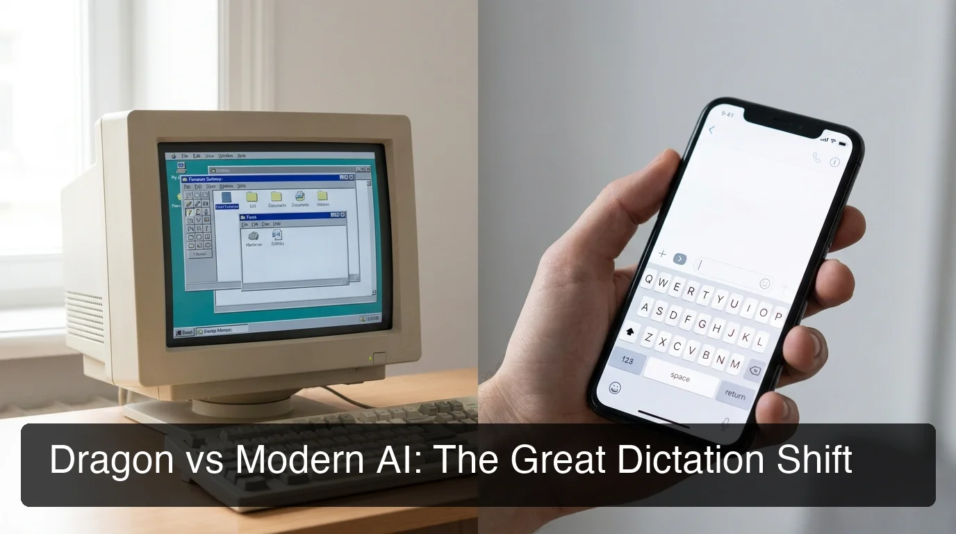 BossAI vs dragon software showing modern AI dictation keyboard on mobile and desktop side by side, high-contrast editorial look
