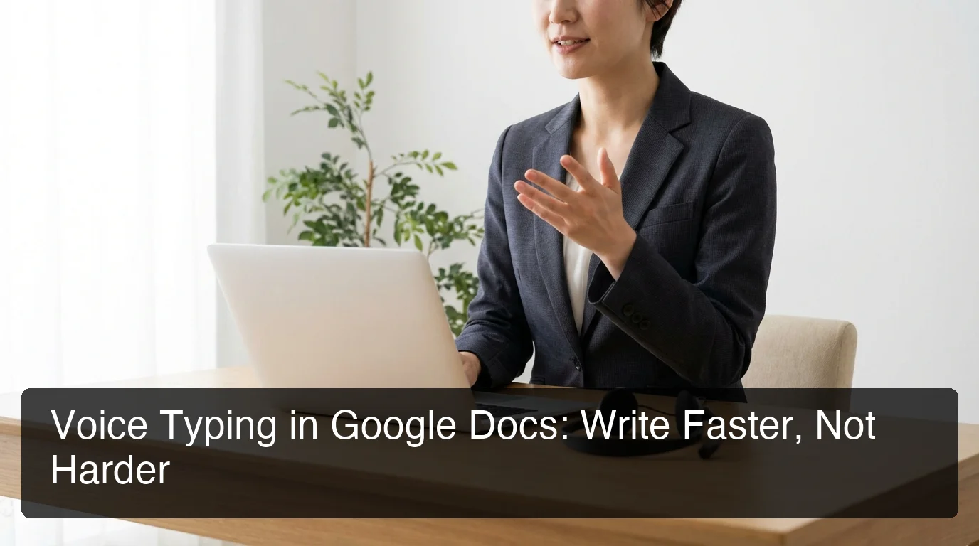 Professional at desk with laptop and headset ready to use google docs voice typing