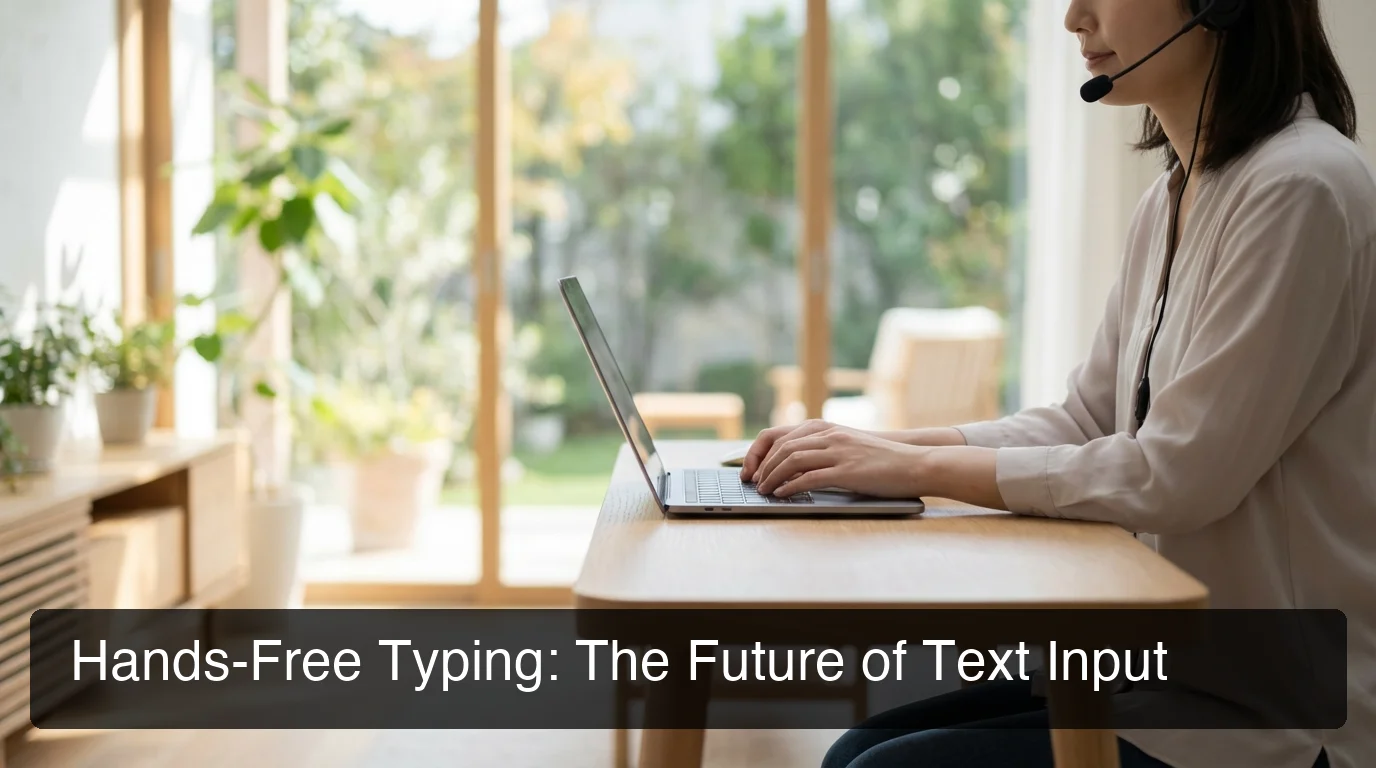 Person working at computer with headset, hands relaxed on desk, bright natural light home office