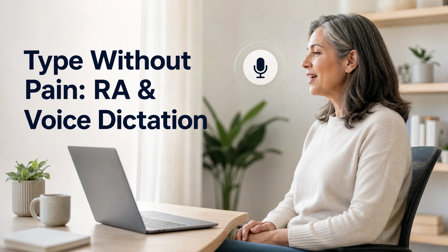 BossAI keyboard for rheumatoid arthritis: woman dictating to a laptop with a microphone icon, hands resting