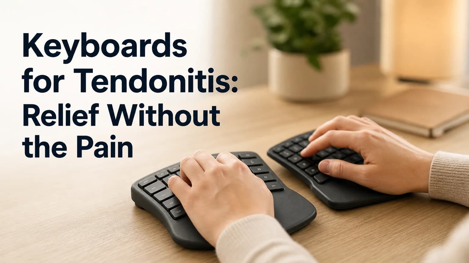 BossAI keyboard for tendonitis showing ergonomic keyboard setup with proper wrist posture on a desk