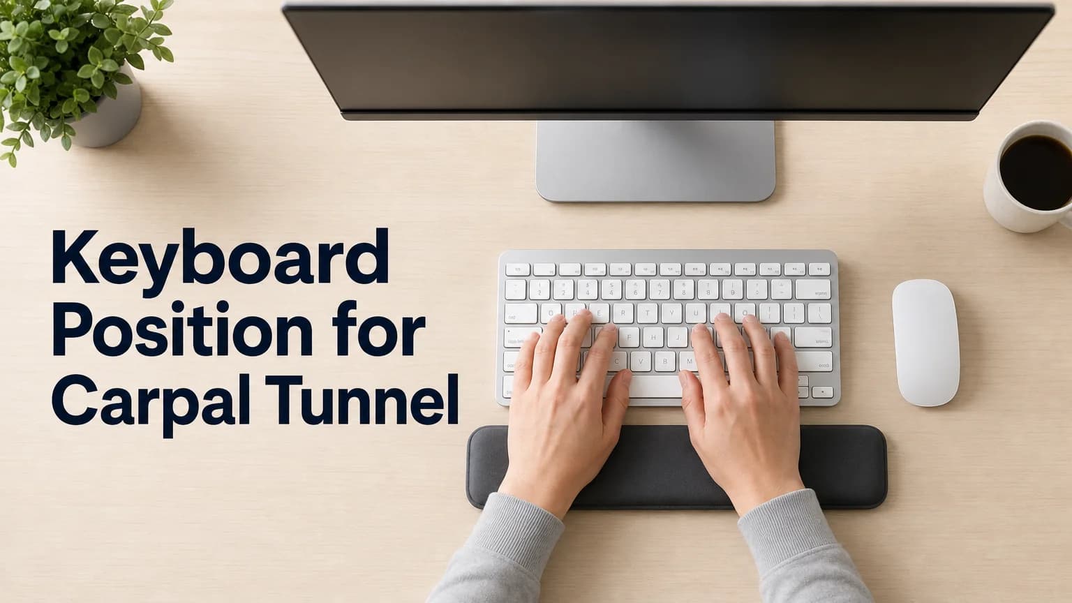 BossAI keyboard position for carpal tunnel showing a proper top-down ergonomic desk setup with wrist support