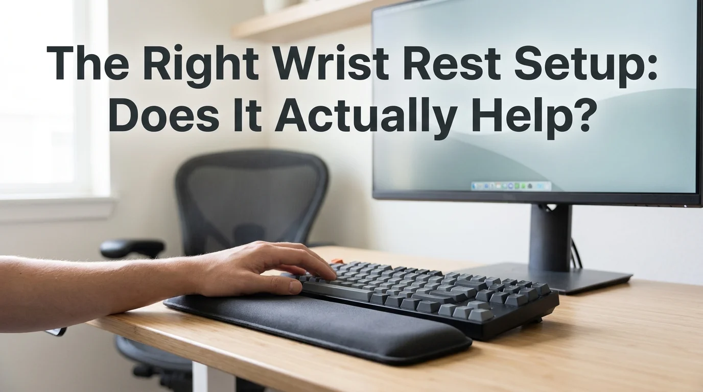 BossAI illustration of a keyboard wrist rest for carpal tunnel positioned on an ergonomic desk setup