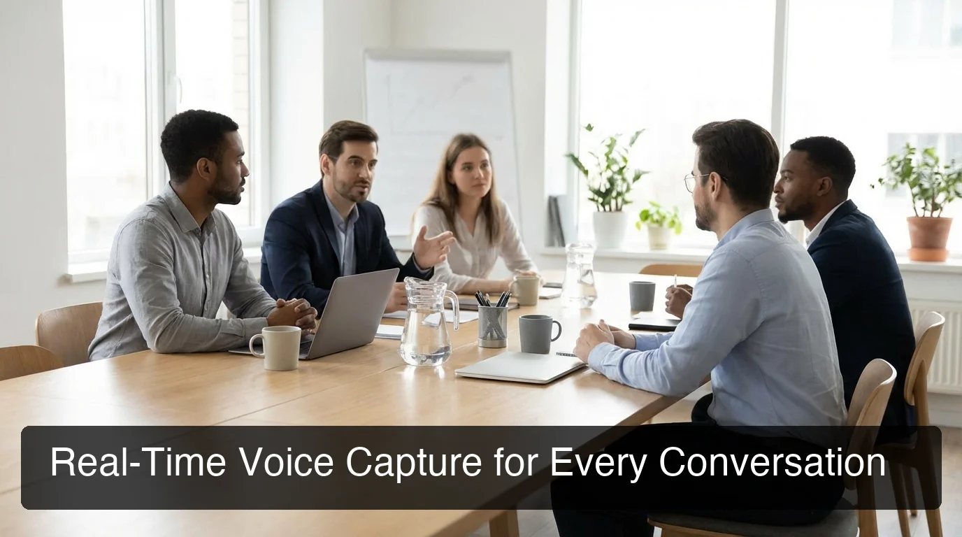 BossAI live transcribe app showing real-time voice transcription in a professional meeting setting