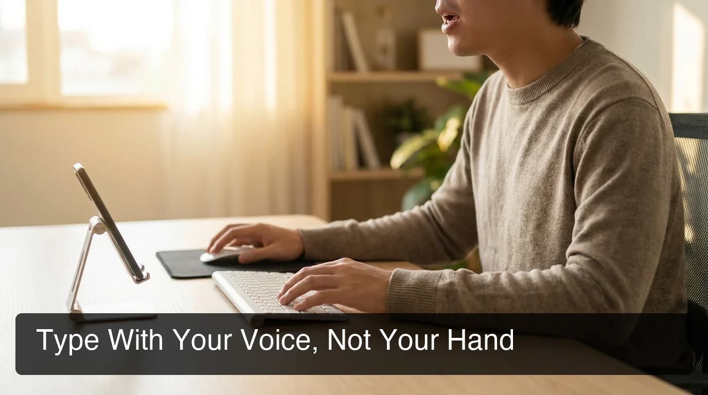 BossAI one handed typing — person using voice dictation on a smartphone, hands relaxed on desk, mouth open mid-speech, warm lighting, casual home office