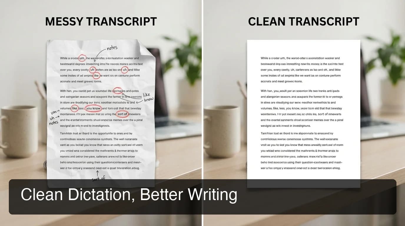 BossAI remove filler words — clean vs. cluttered transcription comparison on desktop