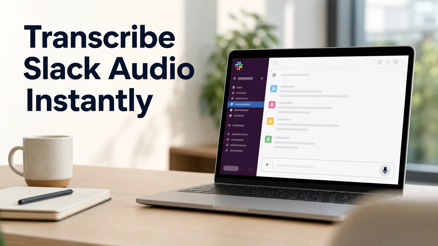 BossAI slack transcribe audio shown on a laptop with a Slack channel and microphone icon in the message field