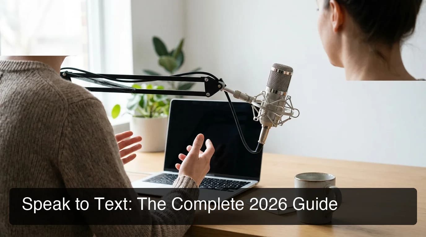 BossAI speak to text guide — professional workspace with laptop and microphone for voice dictation