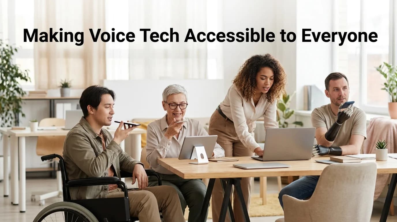 speech accessibility project shown through diverse users dictating on phones, tablets, and laptops