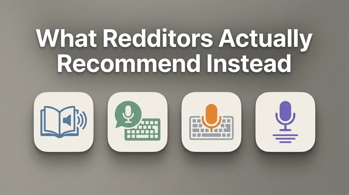 Speechify alternative reddit comparison showing text-to-speech and voice dictation app icons side by side, including BossAI