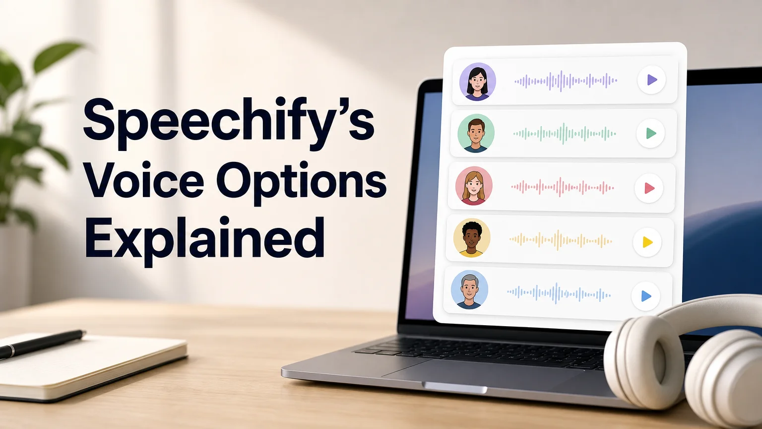 Speechify voices interface showing a list of voice options with waveform playback controls on a laptop screen