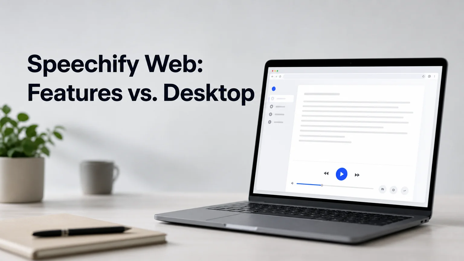Speechify web platform overview showing a browser-based text-to-speech reading interface on a laptop