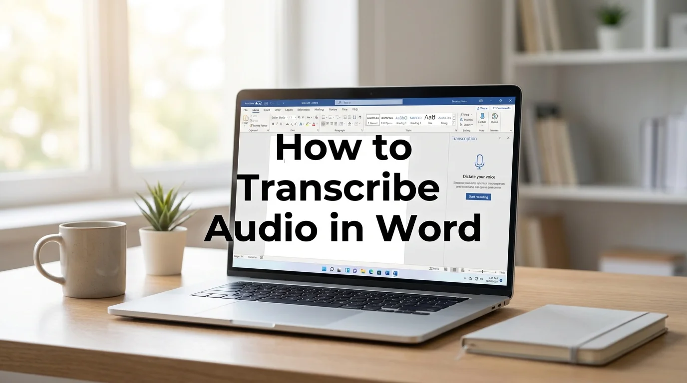 How to transcribe audio in Word shown on an open document with the Transcribe panel active