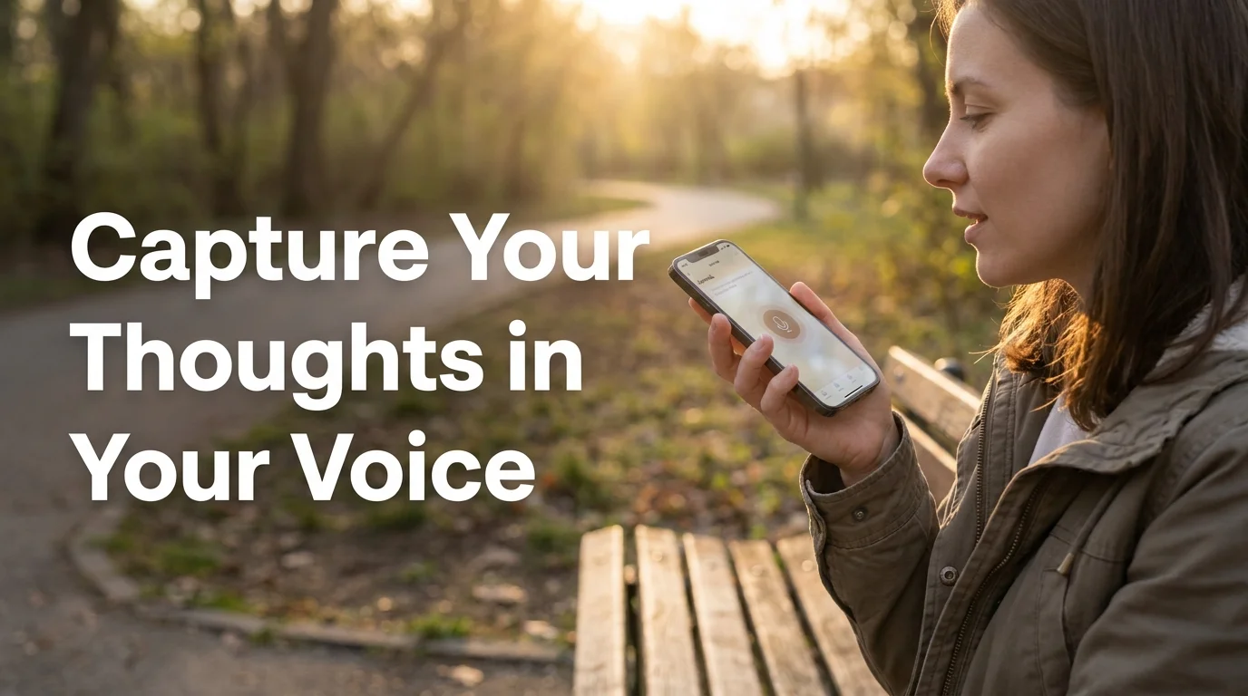 BossAI voice journaling app showing a person speaking into their phone in a peaceful outdoor setting