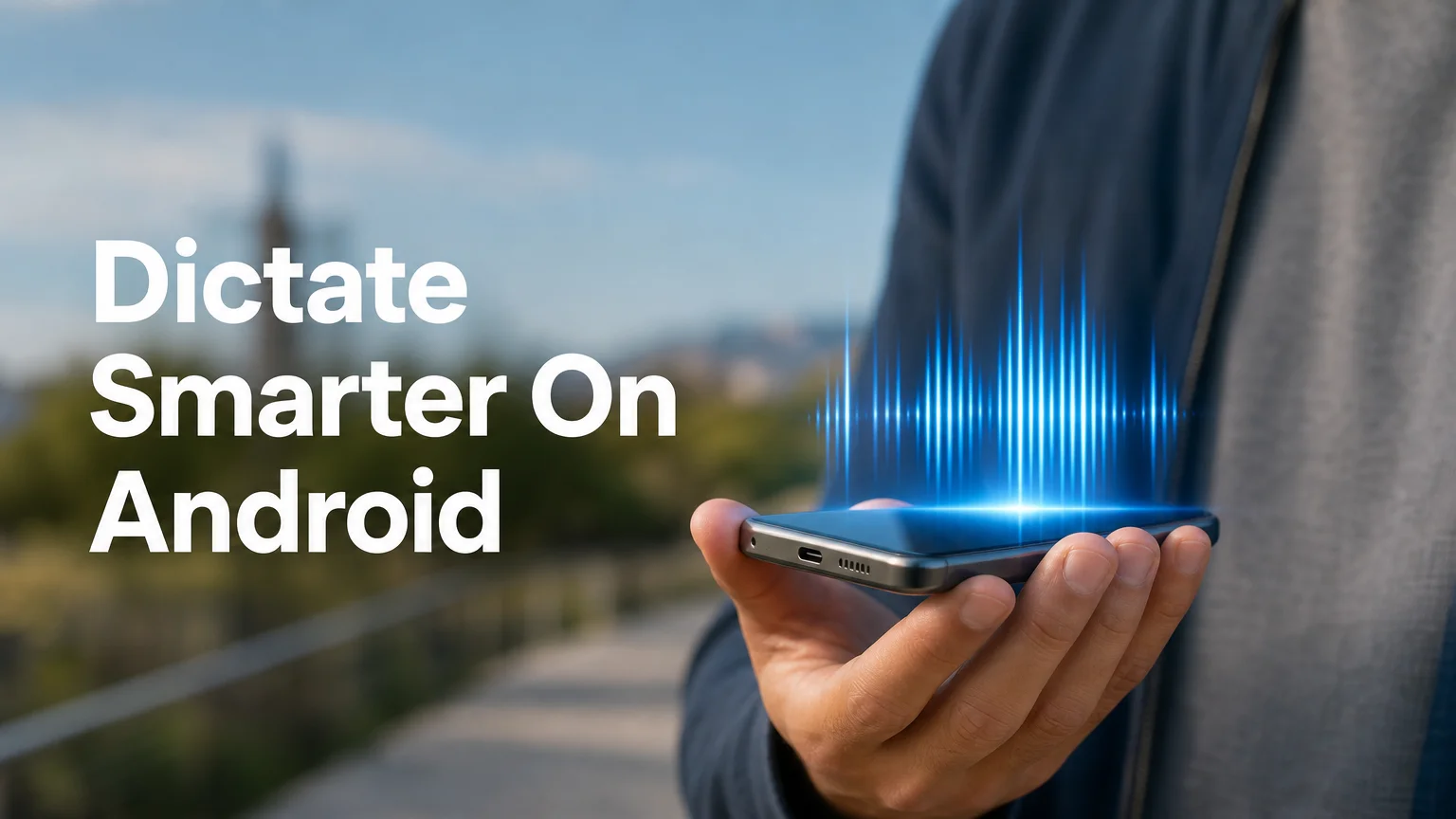 BossAI voice keyboard android hero image showing dictation waveform on a phone