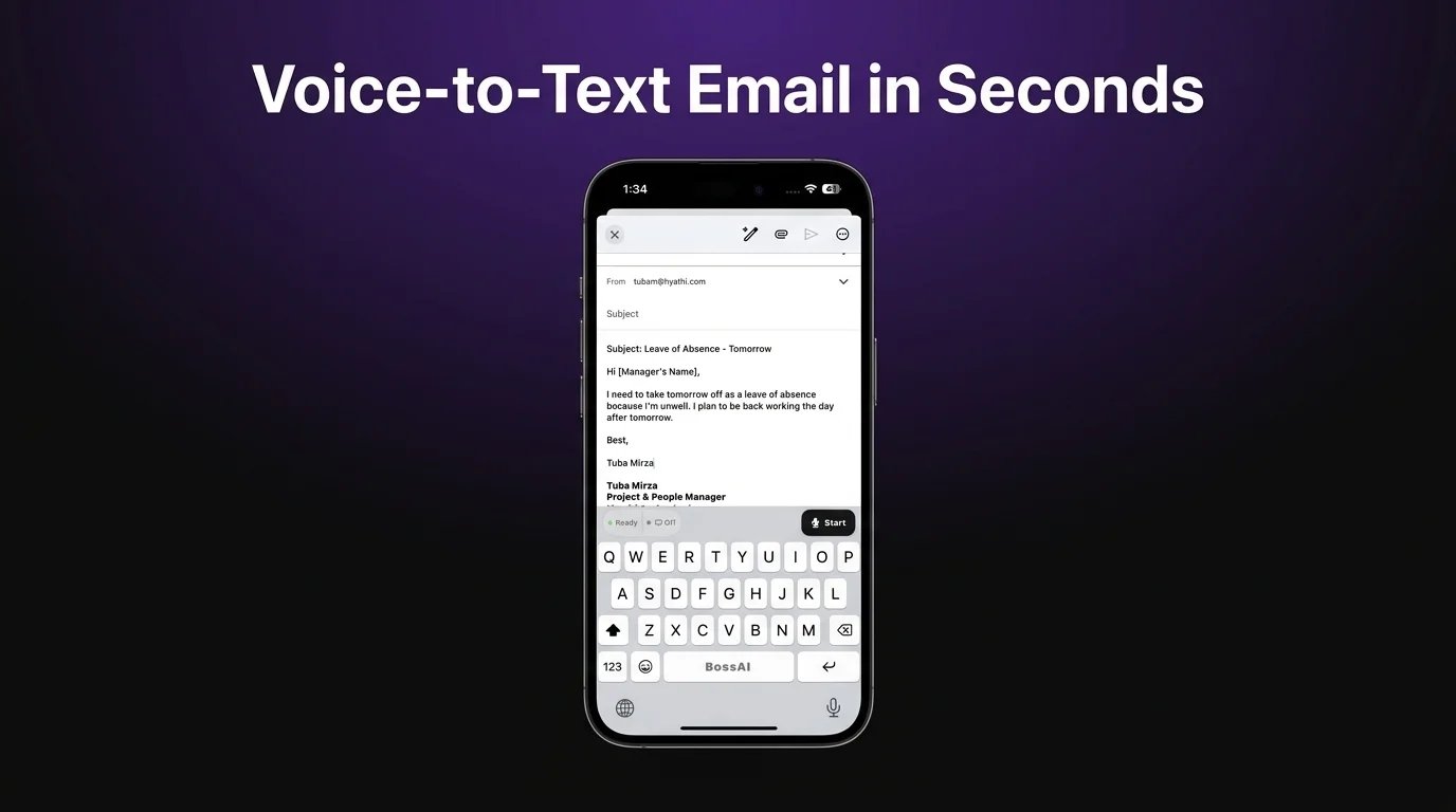 BossAI voice to text in Gmail shown in iOS email compose with keyboard active
