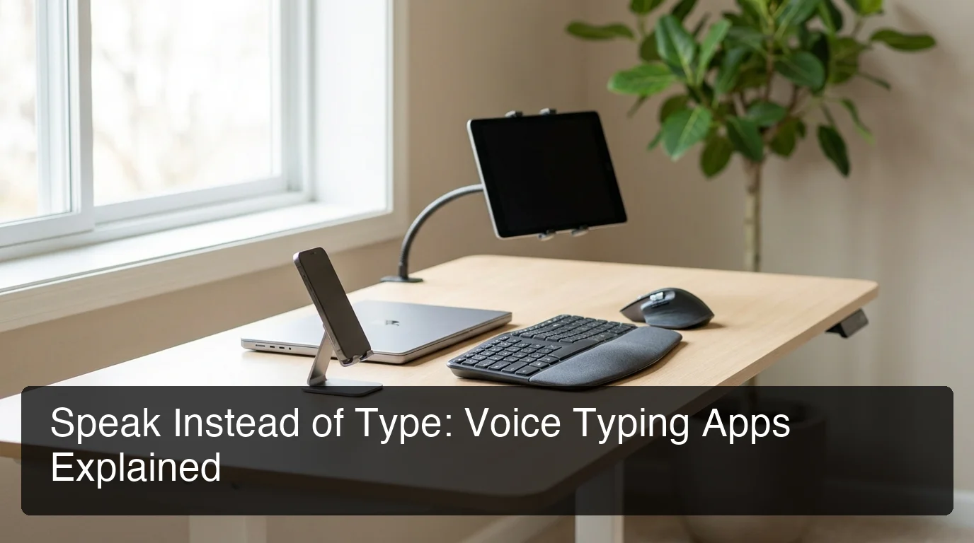 Hands-free workspace setup with laptop computer and smartphone on a clean minimalist desk with natural lighting