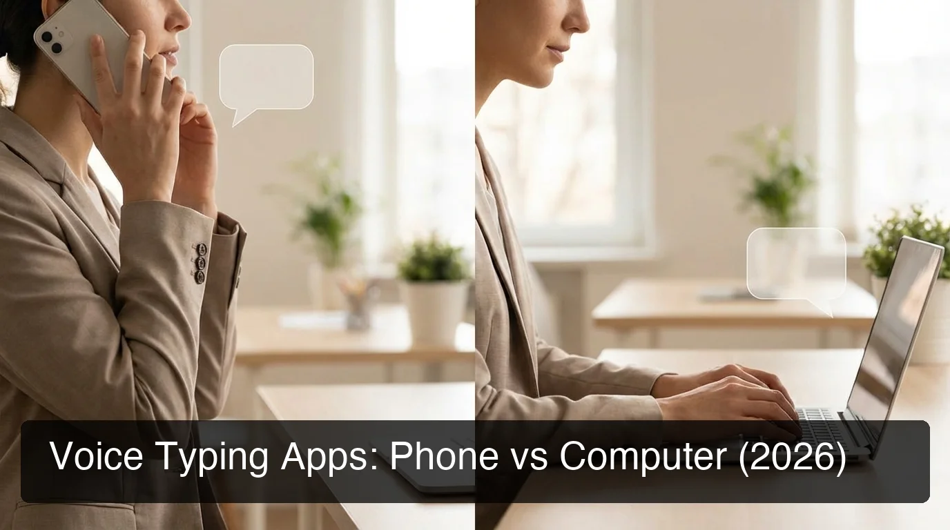 Split-screen comparison showing person using voice typing on phone and computer, modern minimalist workspace