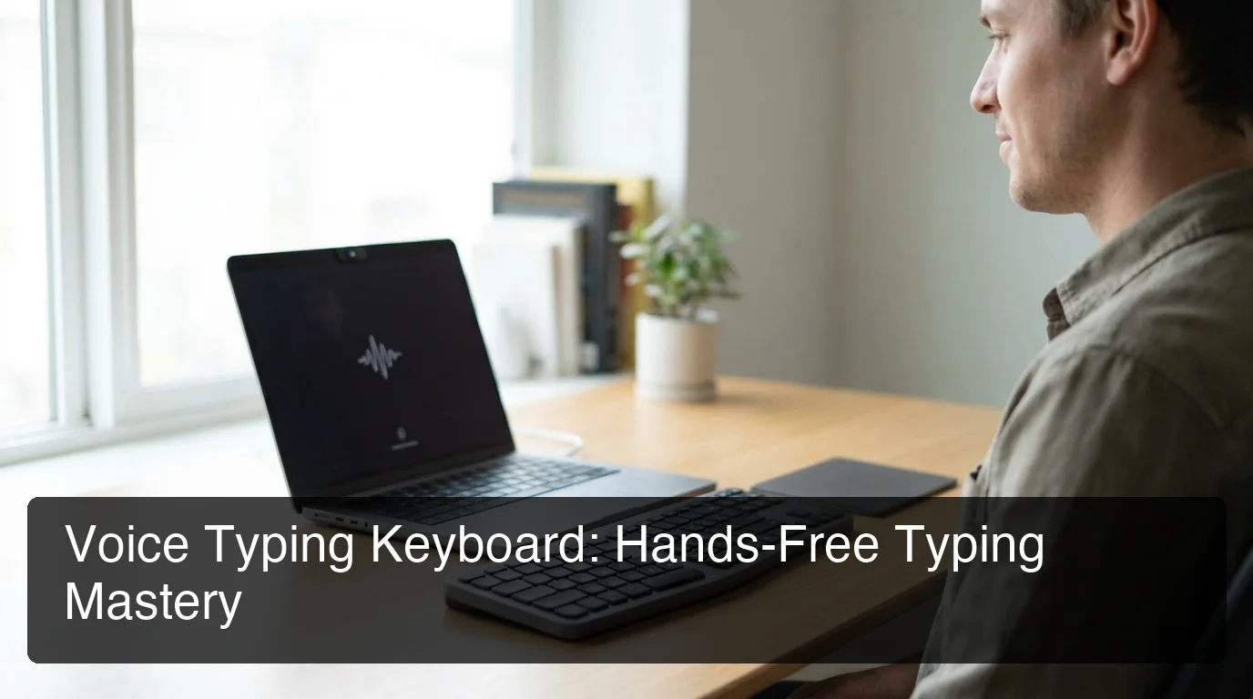 Voice typing keyboard user at desk in professional workspace