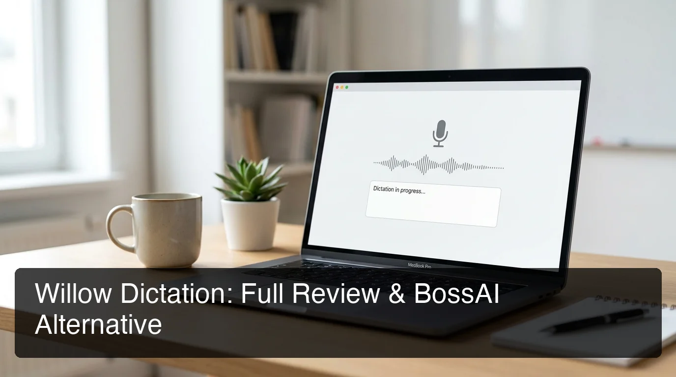 Willow dictation review showing a clean MacBook desk setup with AI dictation app in use
