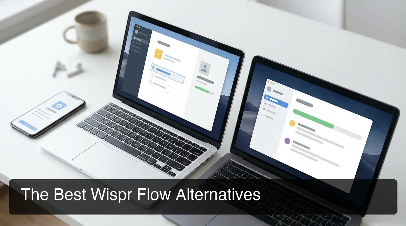 Best Wispr Flow alternatives 2026 — two dictation app interfaces on desktop and mobile screens side by side, clean minimal layout