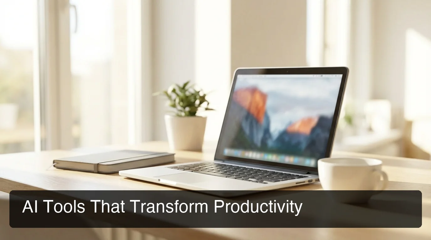 BossAI ai tools for productivity - busy professional workspace with laptop, sunlight, and notebooks on desk