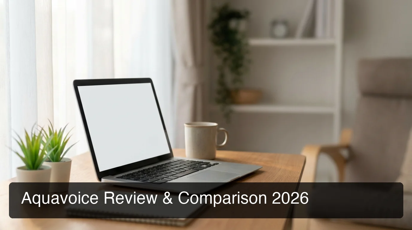 BossAI aquavoice comparison 2026 — professional workspace with laptop showing voice dictation app interface