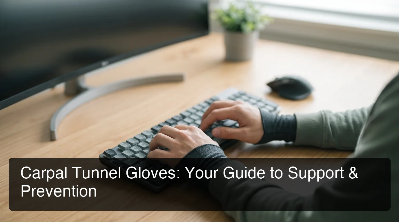 Carpal tunnel gloves for typing — ergonomic desk setup with support gloves and keyboard, overhead view
