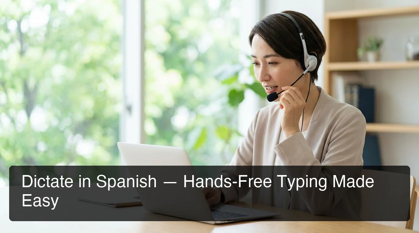 BossAI dictation in spanish voice keyboard app showing Spanish voice transcription on laptop with headphones