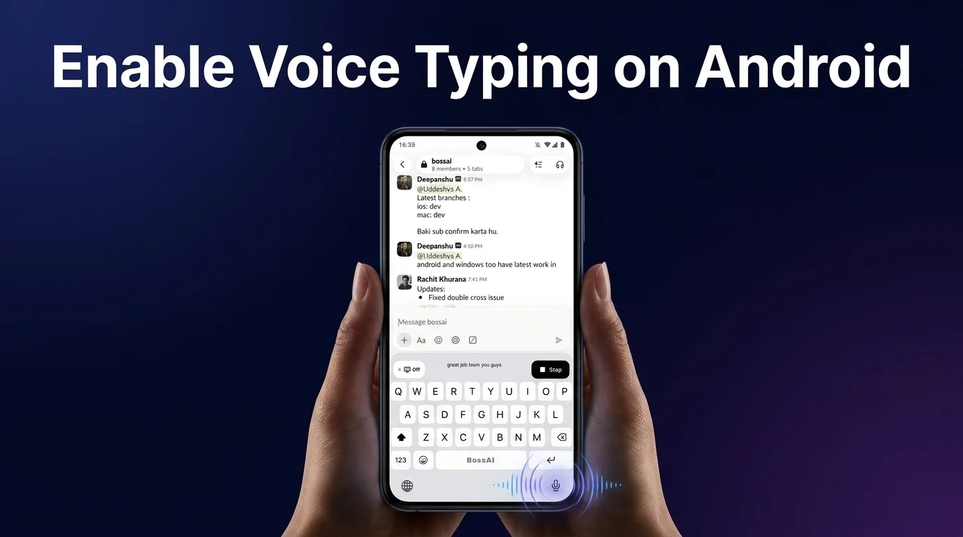 BossAI enable voice typing android on a smartphone with the AI keyboard's microphone activated