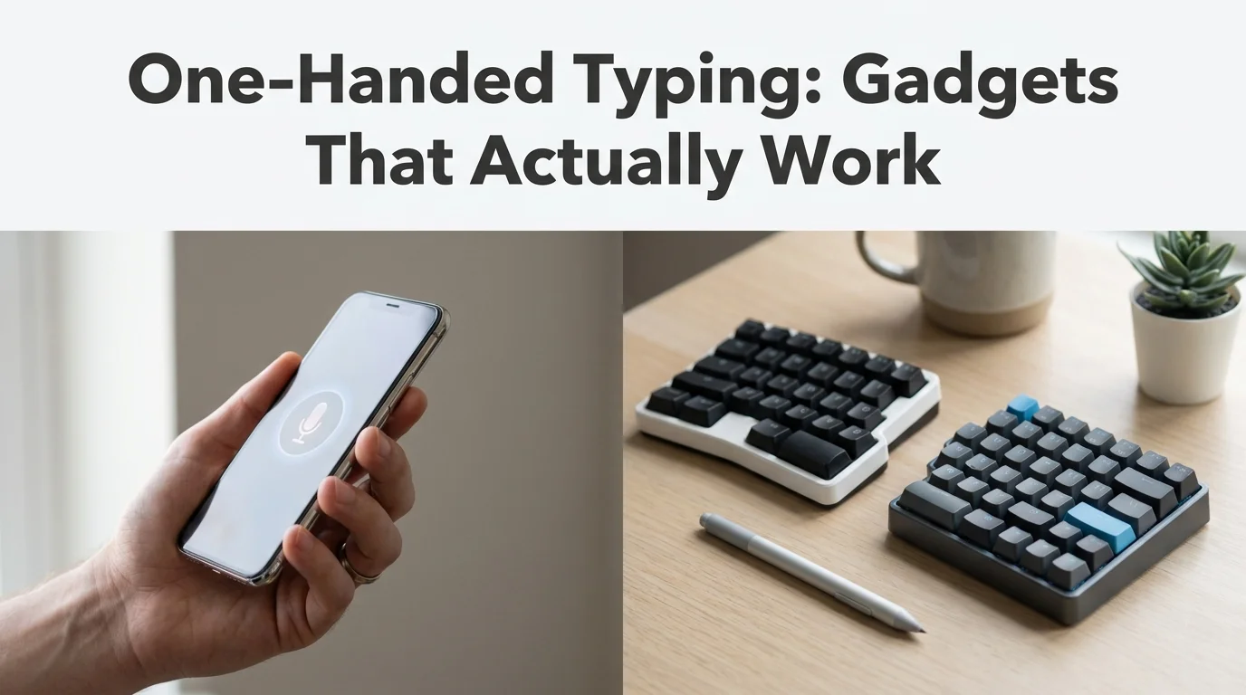 BossAI gadgets for one-handed person split screen showing voice dictation on phone next to adaptive typing tools