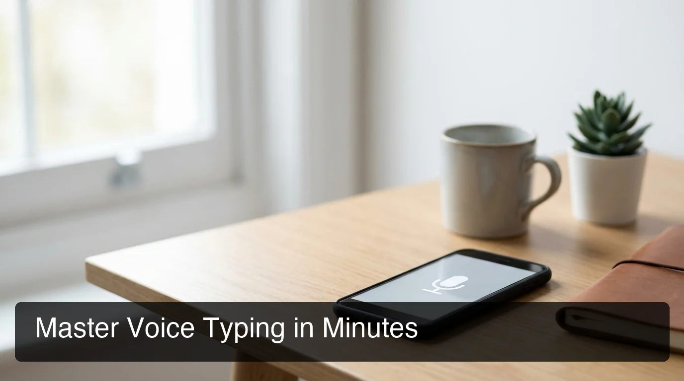 Person at a clean modern desk with smartphone showing voice input icon, soft natural lighting