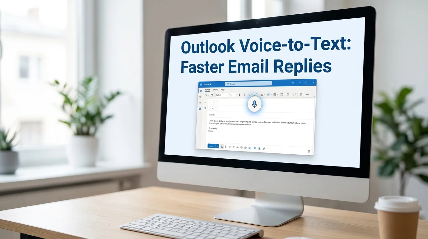 BossAI outlook voice to-text comparison shown next to a Microsoft Outlook email compose window with a microphone icon