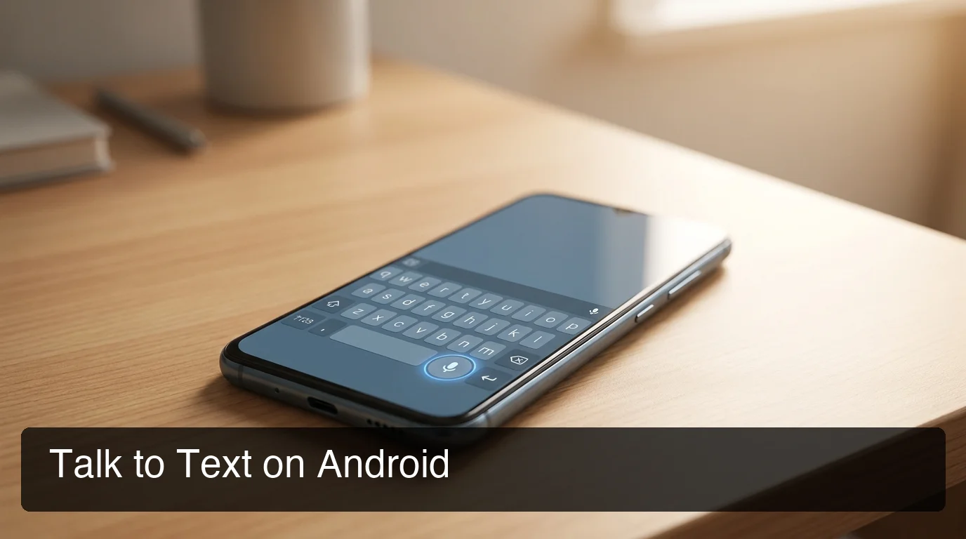 BossAI talk to text android — Android phone with Gboard microphone button highlighted, clean blue-gray keyboard UI, minimal background