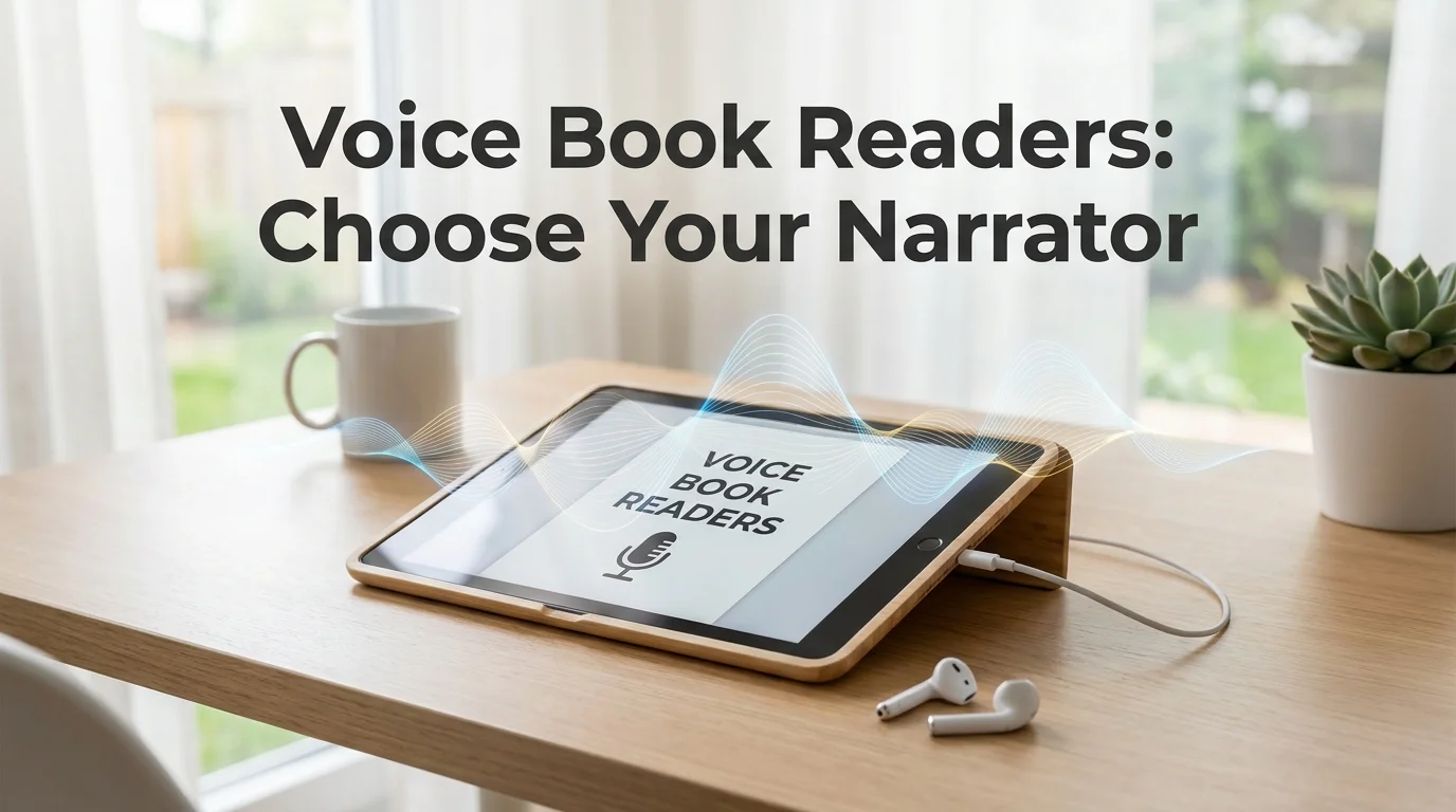 Voice book reader on a tablet with sound wave indicators showing text-to-speech narration