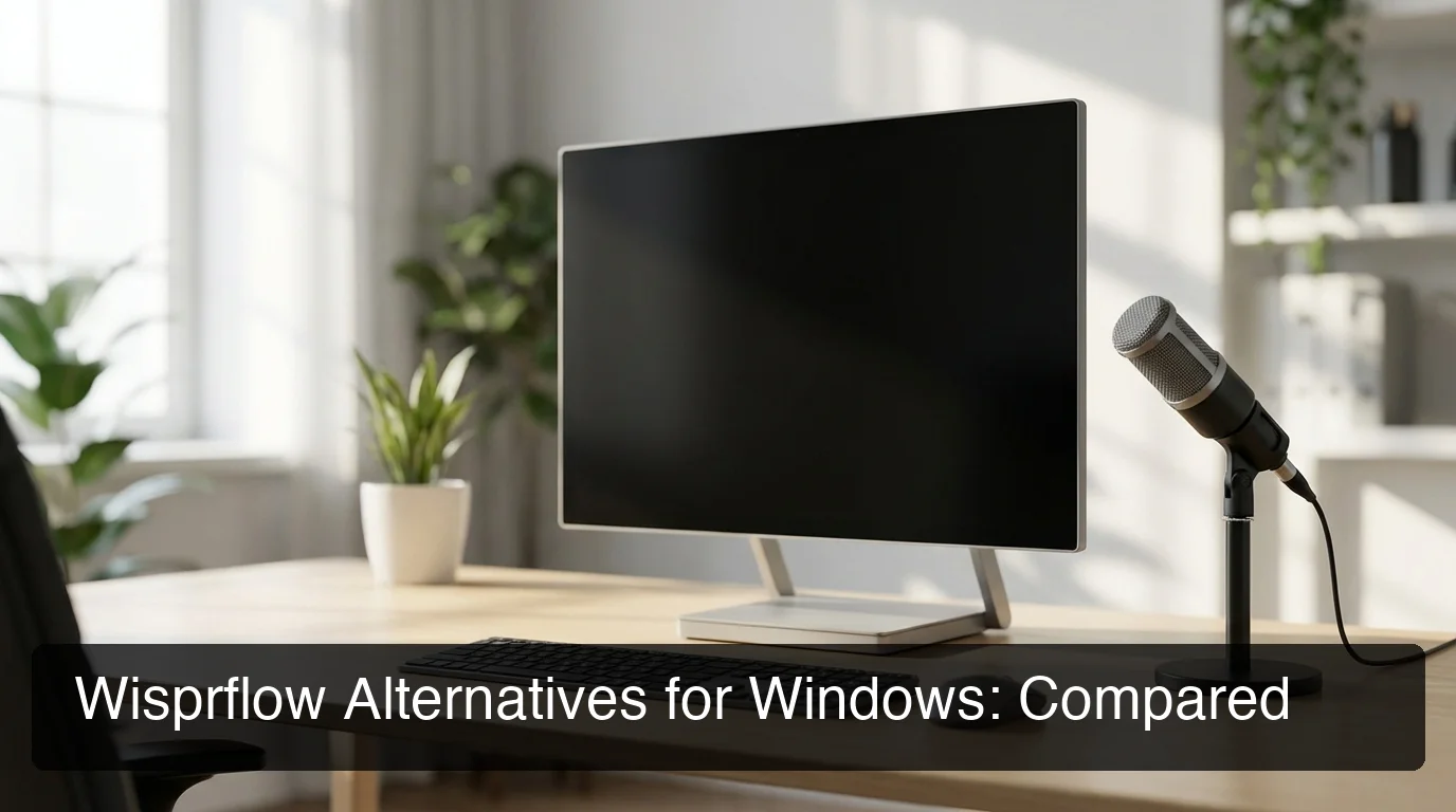 Minimalist Windows PC workspace with microphone on a clean desk, professional modern lighting, shallow depth of field