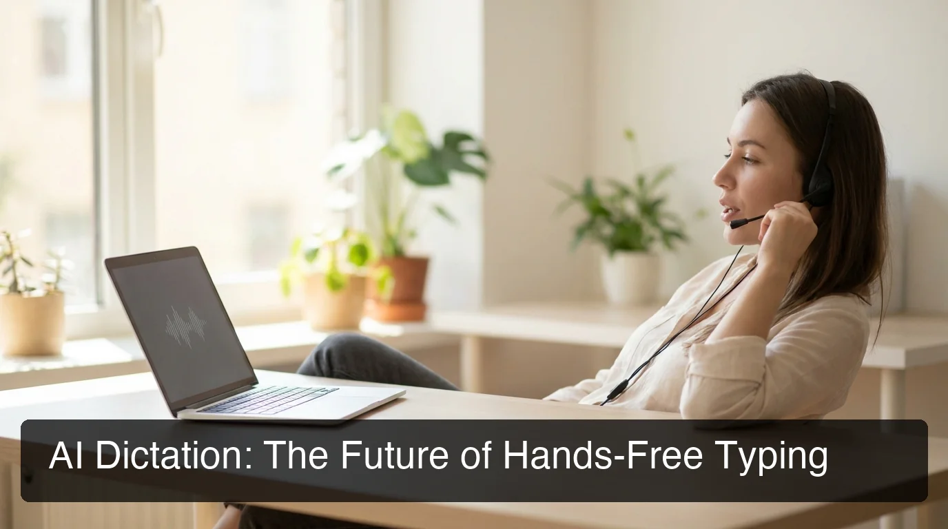 Person sitting at desk using voice to dictate on laptop, natural office lighting, clean minimal workspace