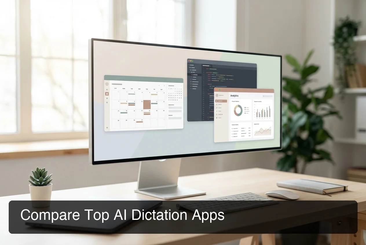 Tech workspace with multiple app interfaces visible on screen, modern minimalist design, soft lighting