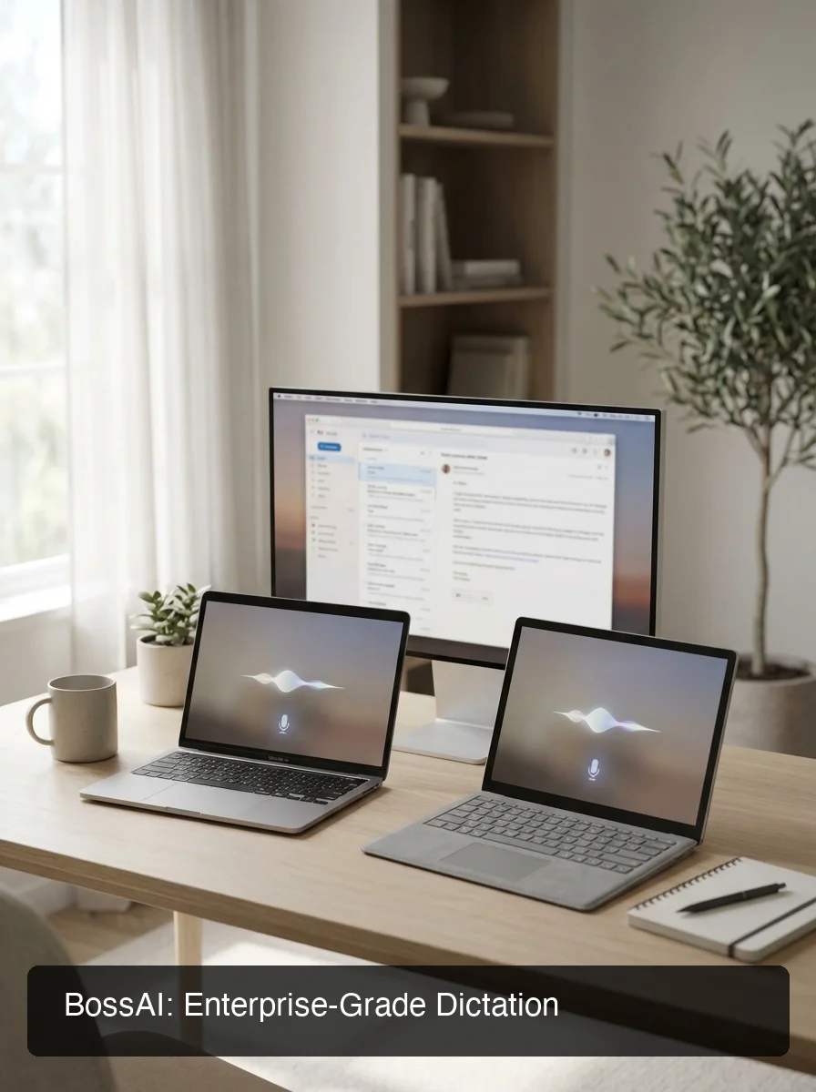 Mac and Windows desktop showing BossAI interface with voice command activated, professional setup, soft lighting